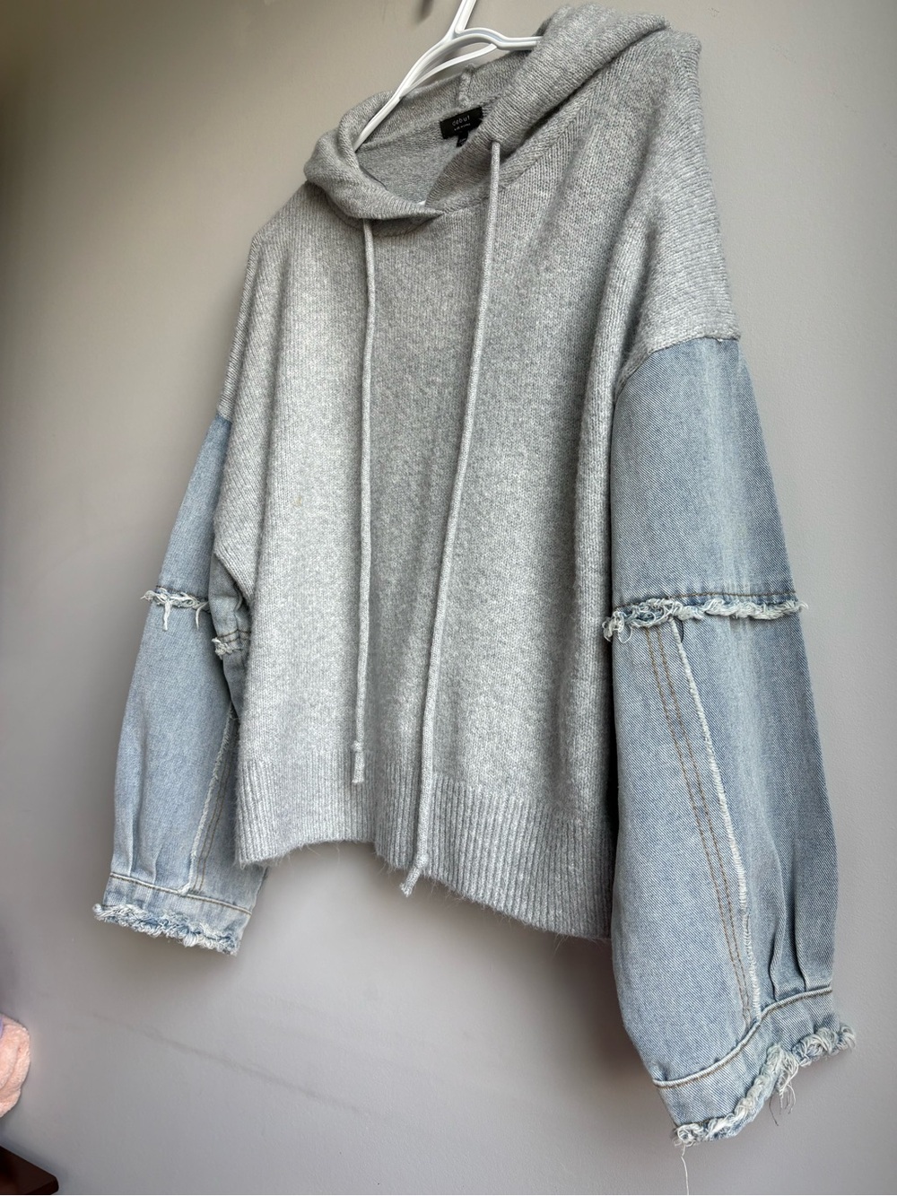 debut Light Gray Knit Hoodie with Washed Denim Sleeves